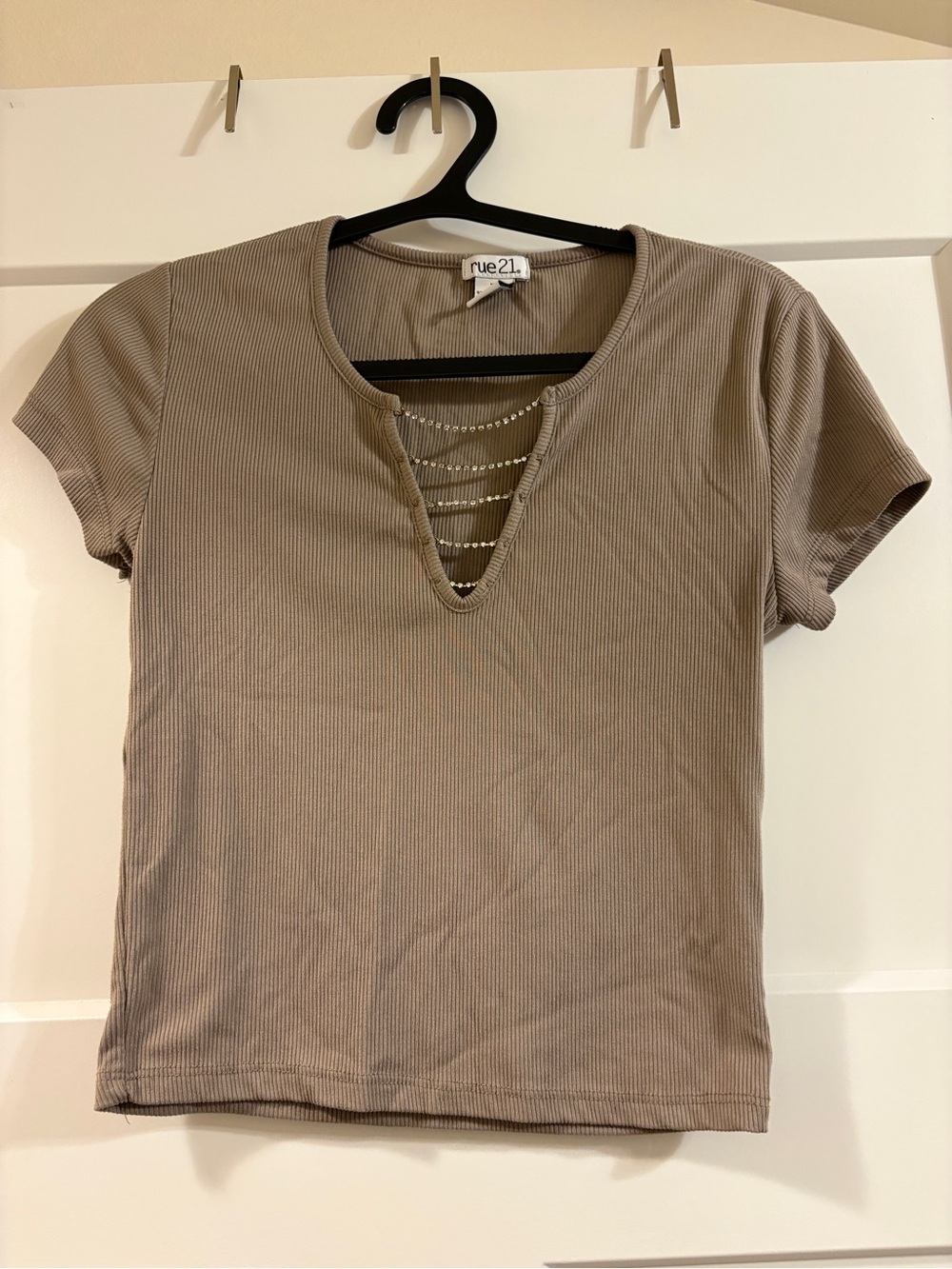 rue21 Taupe Ribbed Short Sleeve Top with Lattice Detail